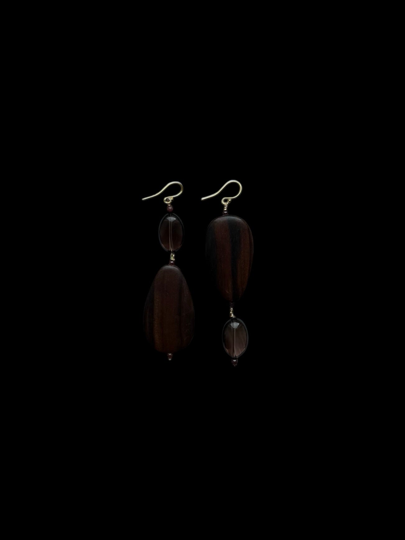 Dark Wooden Teardrop Earrings with Smokey Quartz