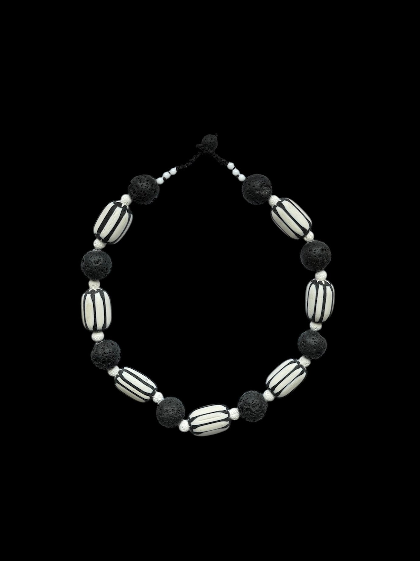 Black and White Lava Stone and Striped Glass Necklace