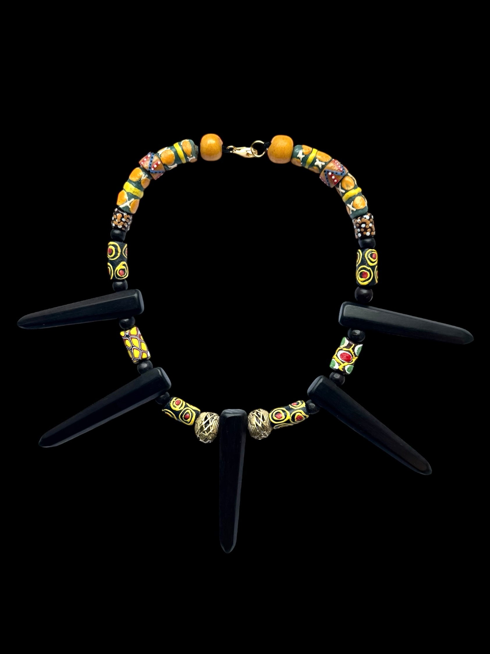 Ebony Spiked Wood Necklace with Pattered Beads