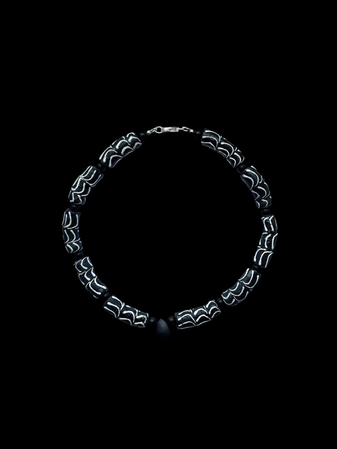 Black and White Wavy Glass Bead Necklace with Onyx