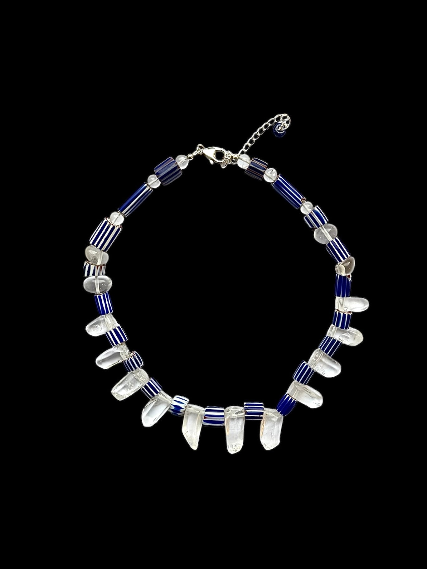 Blue and White Striped Glass and Rock Crystal Necklace