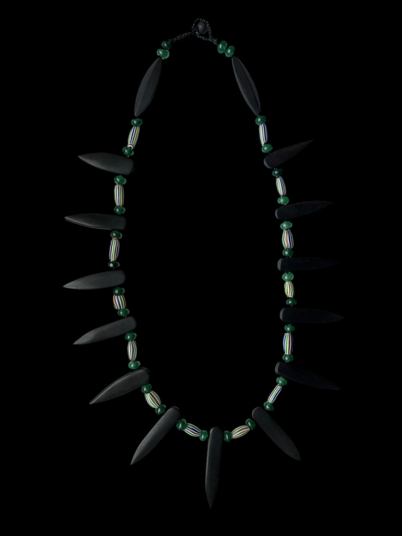 Black Spike Necklace with Striped Beads