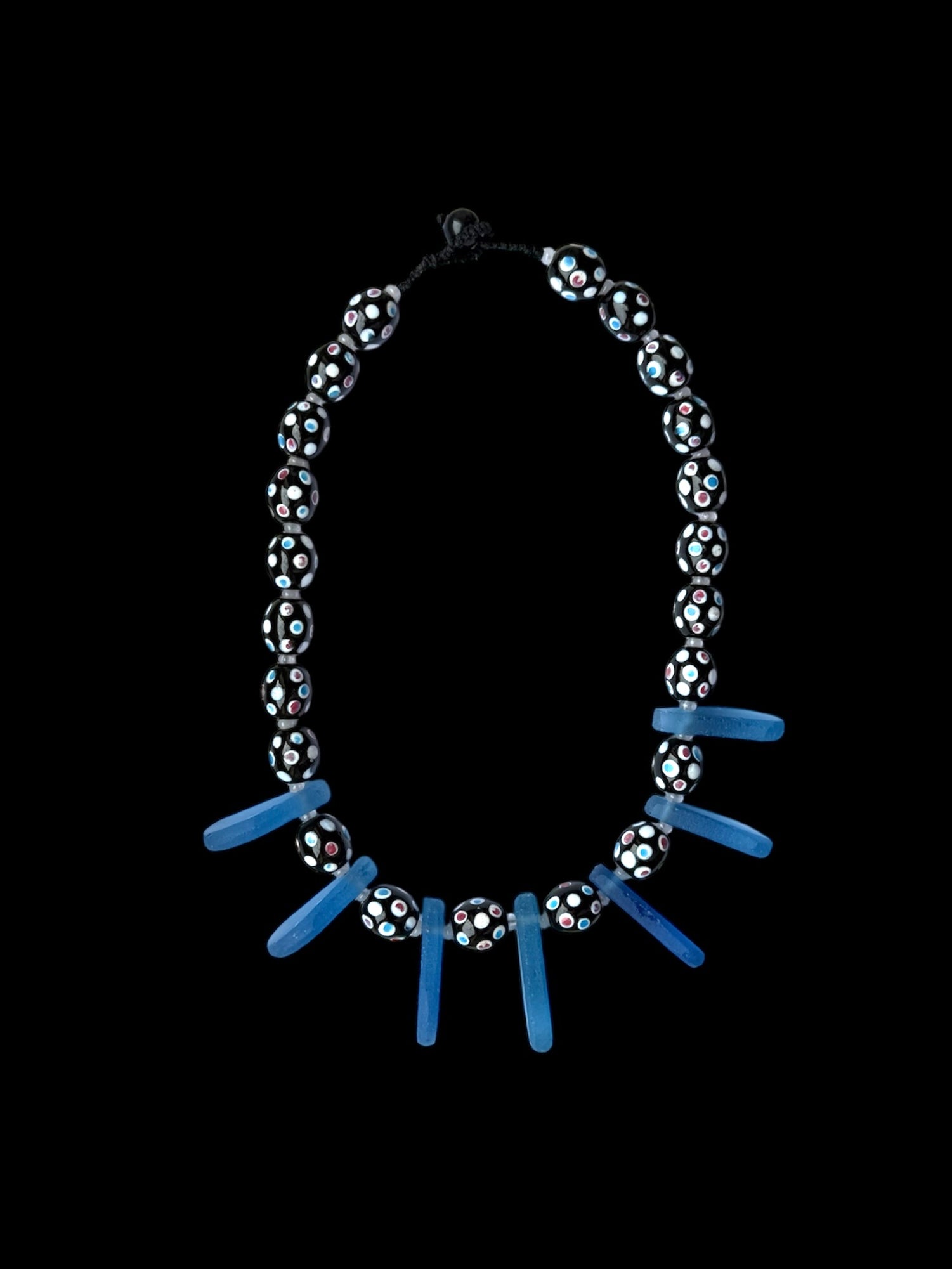 Blue Glass Pendants with Black and White Dotted Glass Bead Necklace