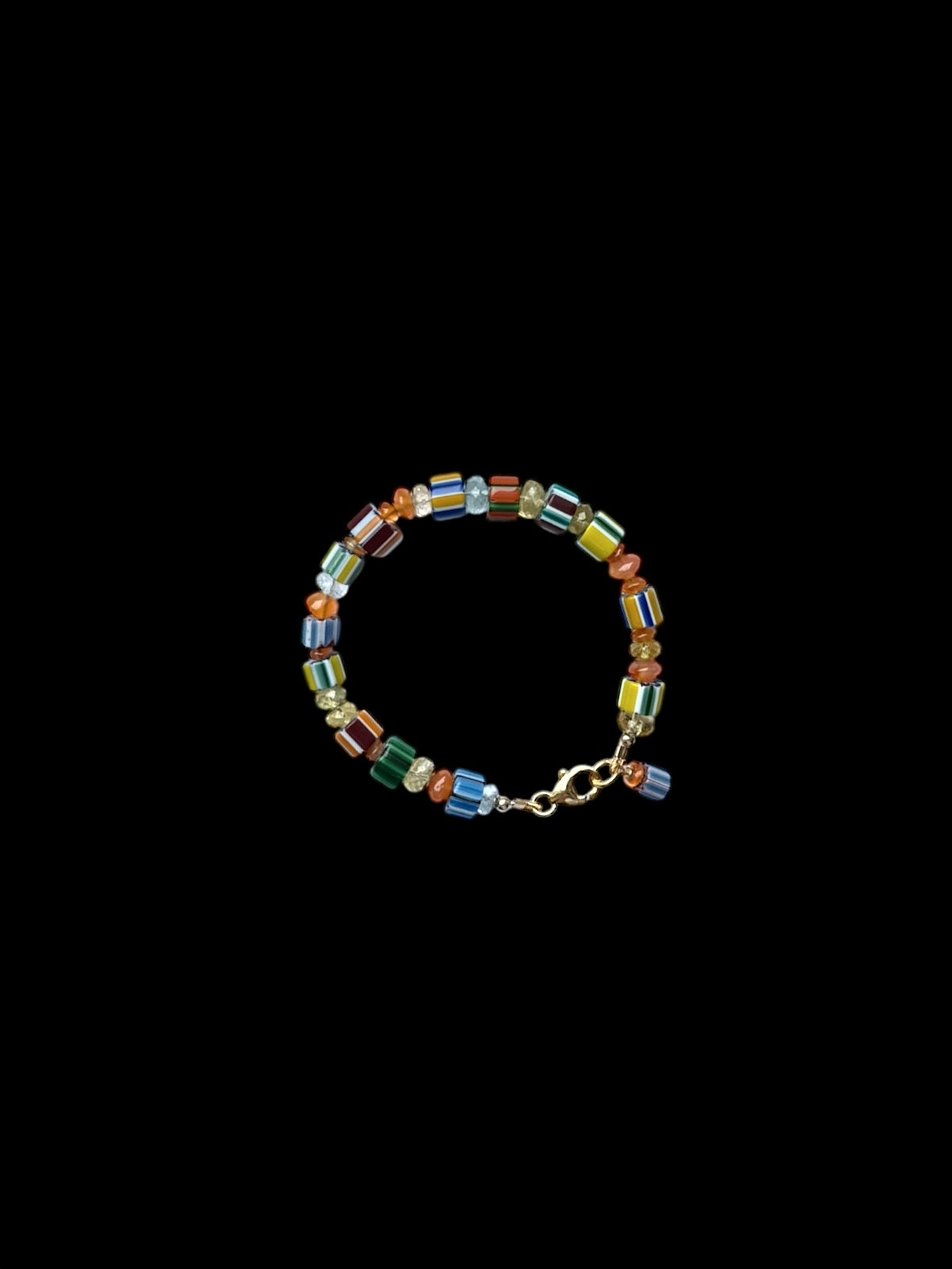 Mixed Striped Glass Beads, Carnelian and Tourmaline Bracelet